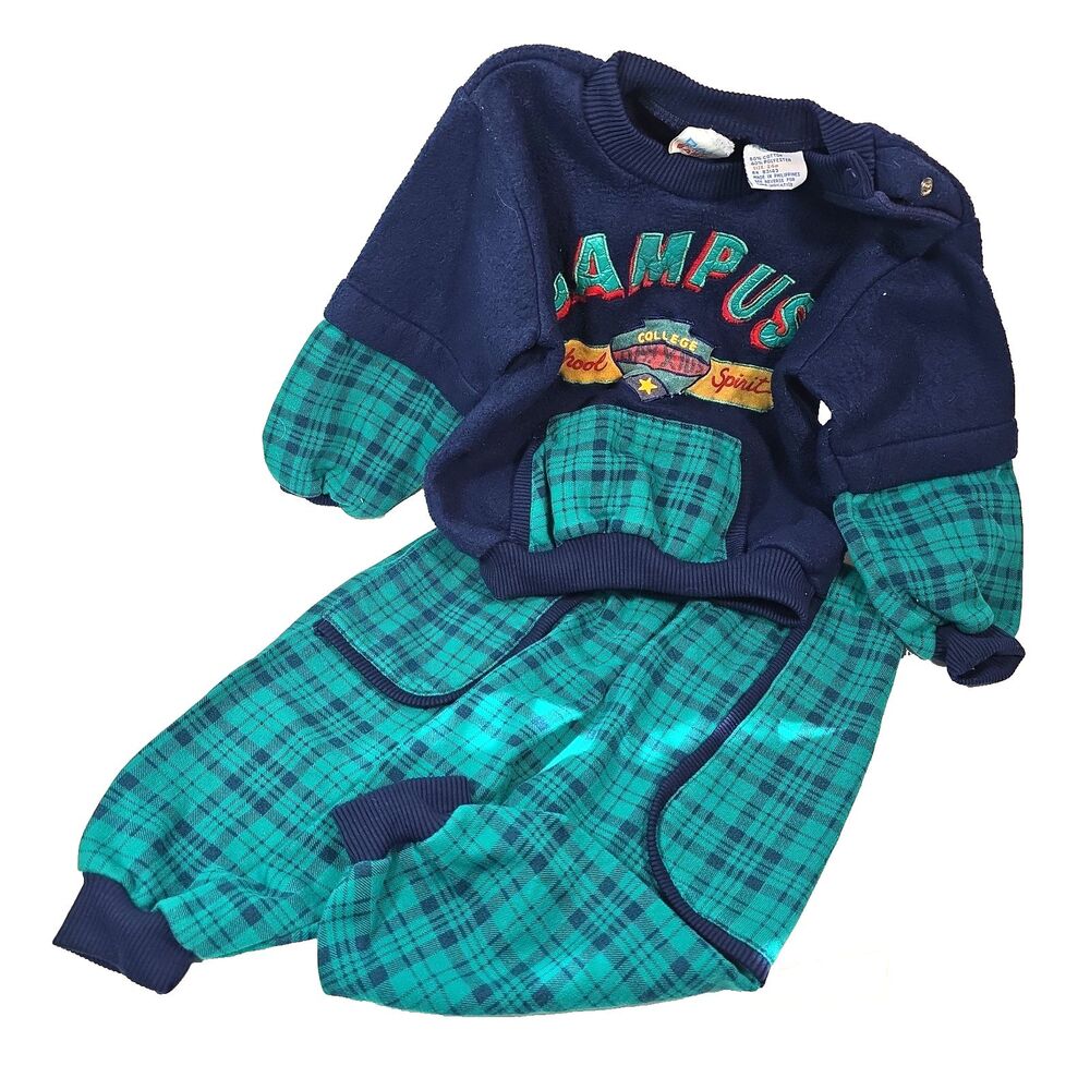 Vintage 90s Toddler 24M Plaid Sweatsuit Campus School Spirit 2 Pc Outfit Retro